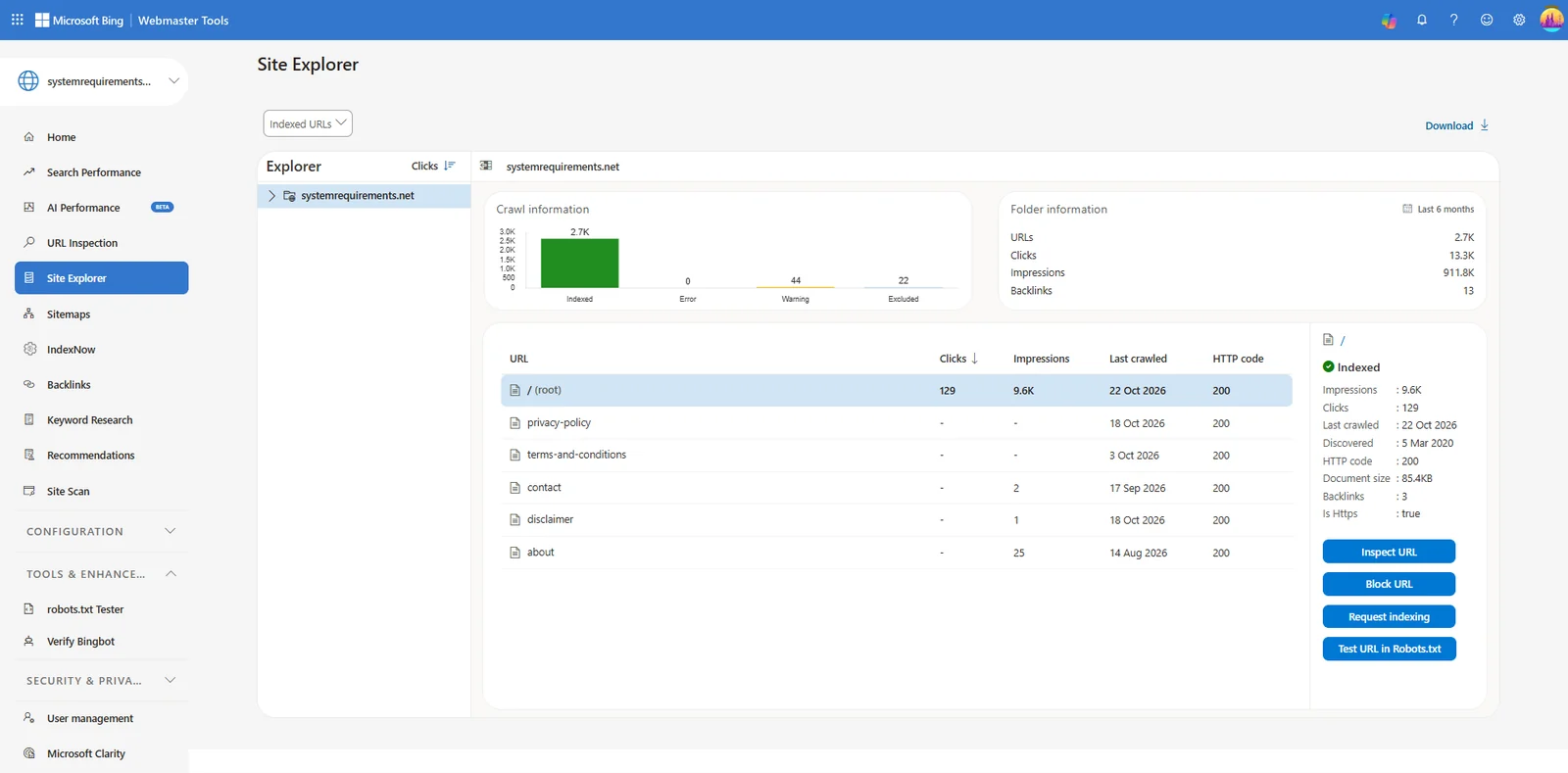 Bing site explorer